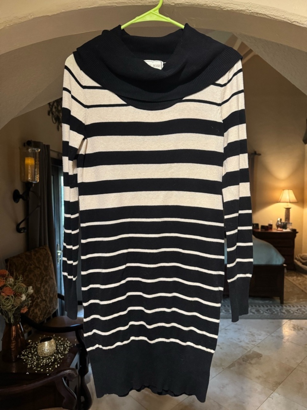 Pink Rose Black & White Striped Cowl Neck Sweater Dress